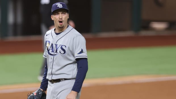 Blake Snell reacts to being pulled from Game 6 by the Tampa Bay Rays against the Los Angeles Dodgers.