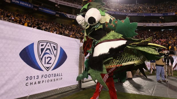 Stanford's mascot performing during a football game.