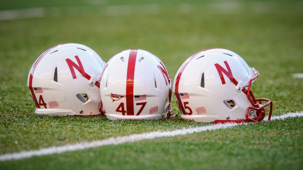 Nebraska Huskers helmets on the field.