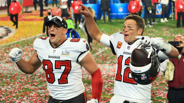 Tom Brady and Rob Gronkowski celebrate the Tampa Bay Buccaneers winning the Super Bowl.