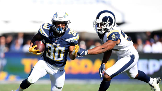 Los Angeles Chargers back Austin Ekeler rushes against the Rams.