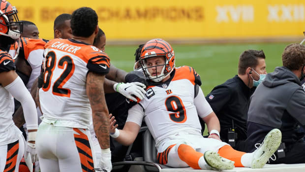 Cincinnati Bengals rookie quarterback Joe Burrow suffers an injury.