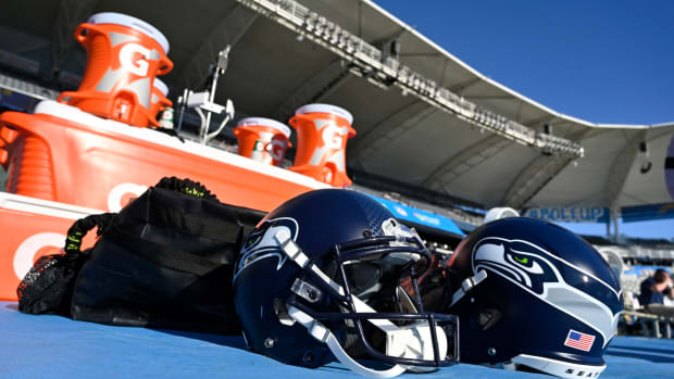 A shot of a Seattle Seahawks helmet on the sidelines.