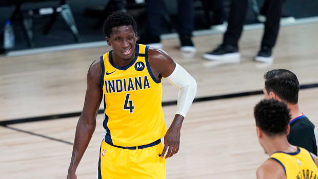 Victor Oladipo winces after getting poked in the eye.
