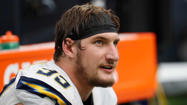 Joey Bosa on the sideline for the Chagers.