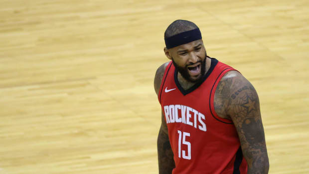 DeMarcus Cousins reacts to a call during a Houston Rockets game.