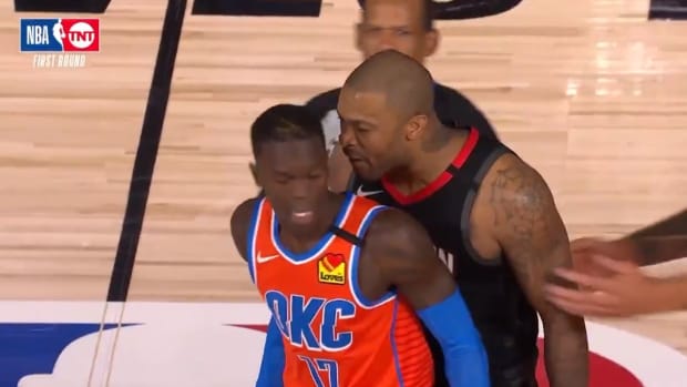 P.J. Tucker and Dennis Schroder get into it during the Houston Rockets win over the Oklahoma City Thunder in the NBA Playoffs