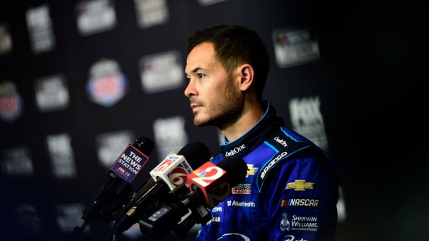 Kyle Larson speaks with the media during the NASCAR Cup Series 62nd Annual Dayton 500.