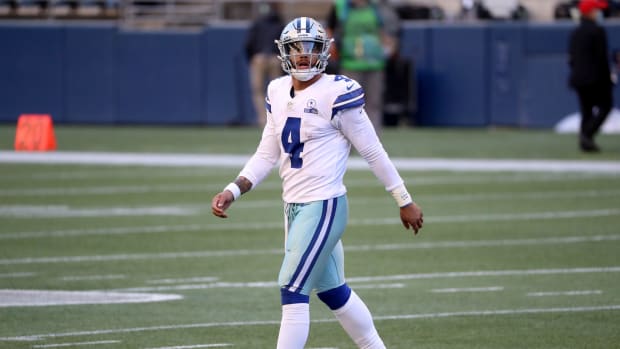 Dallas Cowboys quarterback Dak Prescott on the field in Seattle.