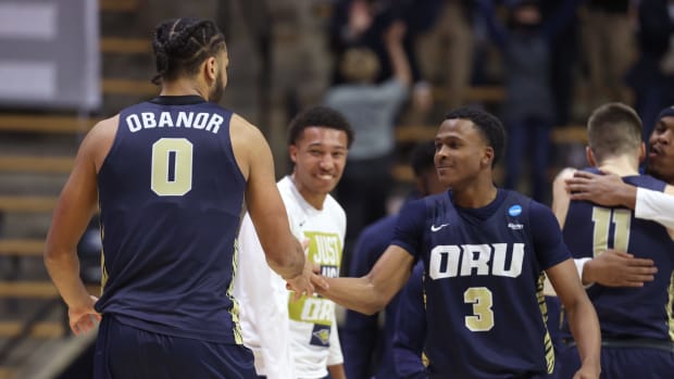Oral Roberts celebrates win over Ohio State.
