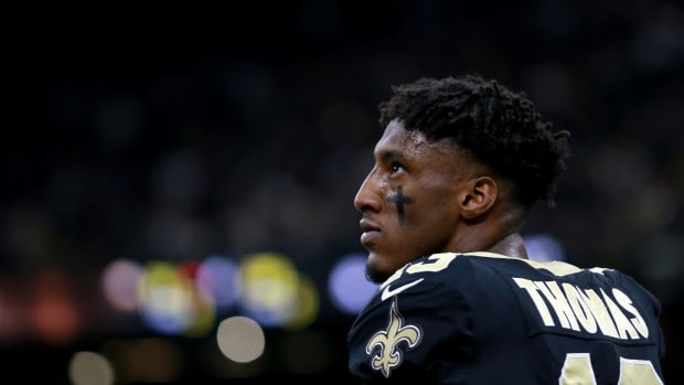A closeup of Michael Thomas during a New Orleans Saints game.