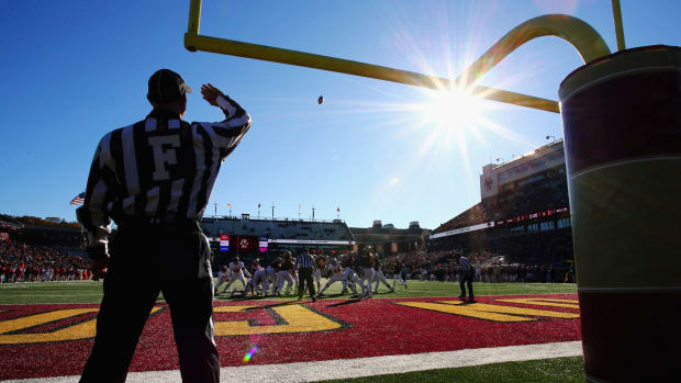 A view from the end zone of Boston College football field.
