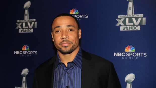 Rodney Harrison of NBC Sports at the Super Bowl press conference.