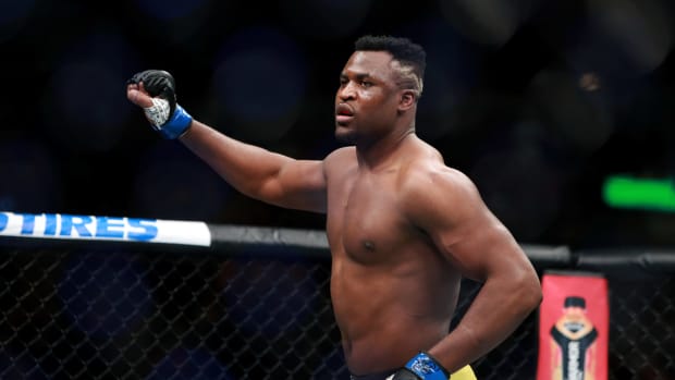 A closeup of Francis Ngannou in the ring.