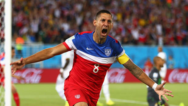 United States soccer player Clint Dempsey celebrating a goal.