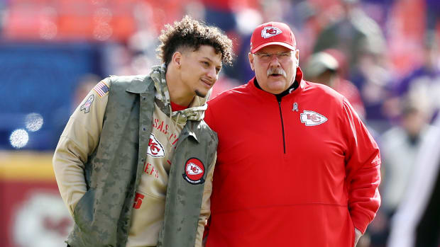 Andy Reid and Patrick Mahomes on the field before a Kansas City Chiefs game.