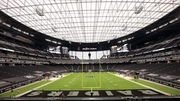 A wide view of the Las Vegas Raiders home field.