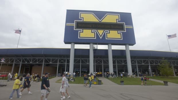 An exterior view of Michigan stadium before a football game.