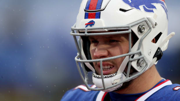 Buffalo Bills quarterback Josh Allen looks onto the field.