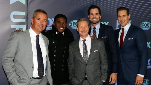 FOX Big Noon Kickoff crew including Reggie Bush, Matt Leinart, and Urban Meyer in New York.