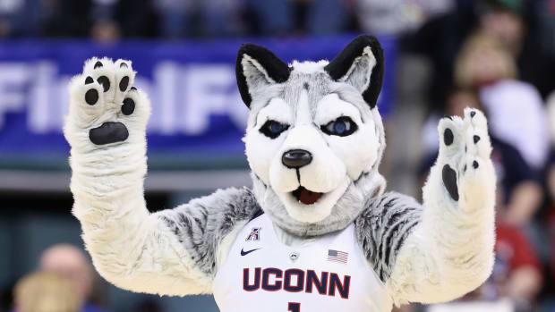 UConn Huskie's mascot with both arms up.