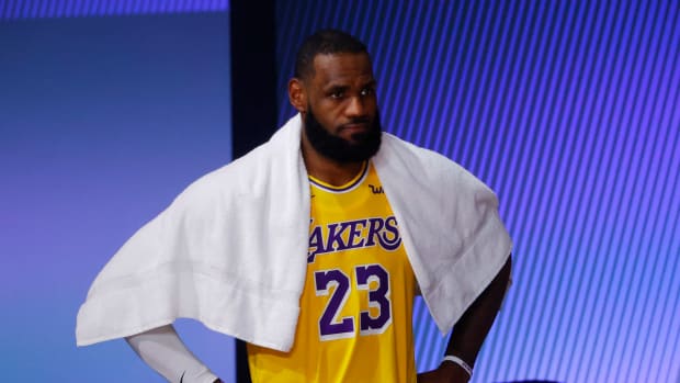 LeBron James looks on during the Lakers game.