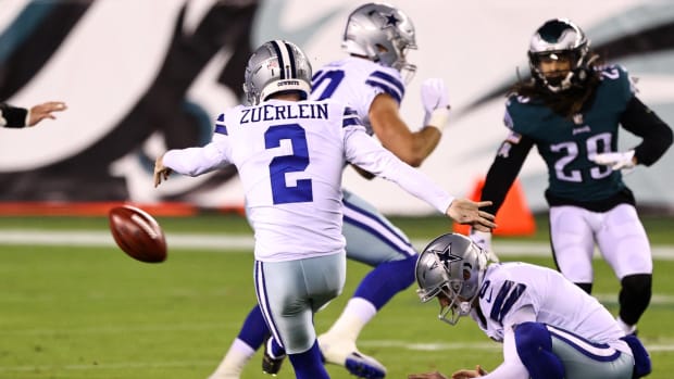 Dallas Cowboys kicker Greg Zuerlein drills a field goal.