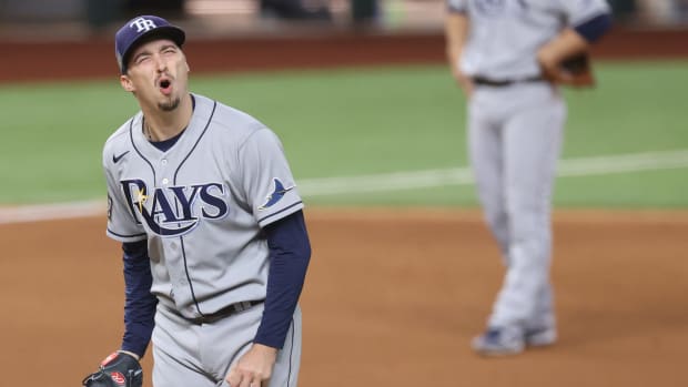 Blake Snell reacts to getting pulled from Game 6.