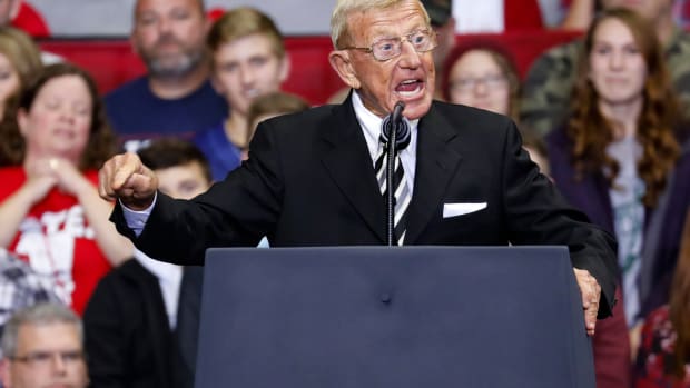 Lou Holtz speaking during a Republican campaign rally.