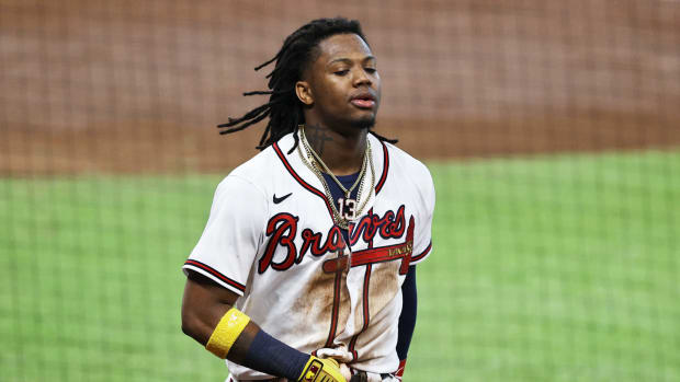 Atlanta Braves star outfielder Ronald Acuna Jr. gets hit by the Marlins.
