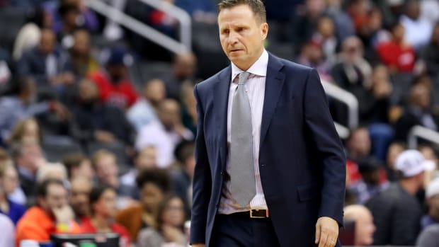 A general photo of Scott Brooks taken during a game.