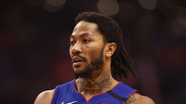 Pistons guard Derrick Rose on the court