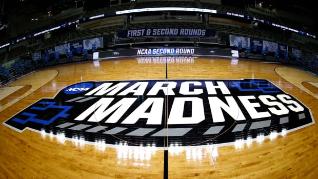 A general view of the NCAA March Madness logo on center court