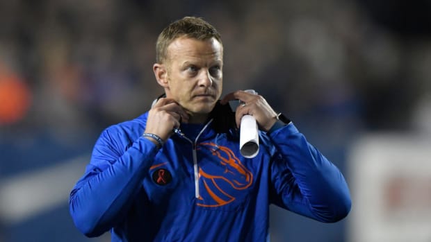 A solo shot of Boise State's football coach Bryan Harsin during a game vs. BYU