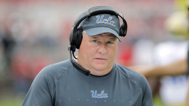 A closeup of Chip Kelly during a UCLA football game.