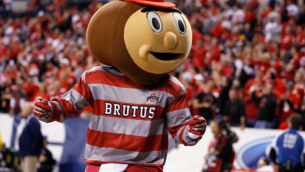 A closeup of Ohio State's mascot during a football game.