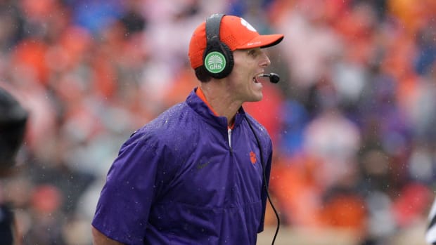 Defensive Coordinator Brent Venables of the Clemson Tigers calls out a play