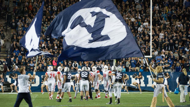 General view of play during a BYU football game.