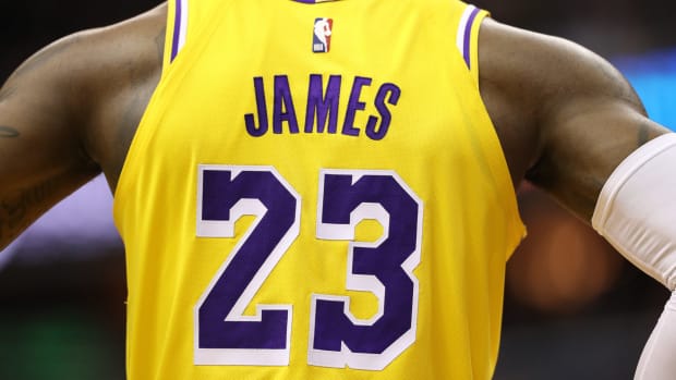 A closeup of the back of LeBron James' jersey.