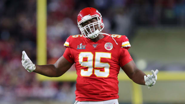 Chris Jones on the field for the Chiefs in Super Bowl LIV.