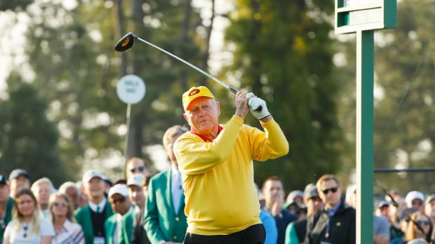 Jack Nicklaus swinging the golf club at the Masters.