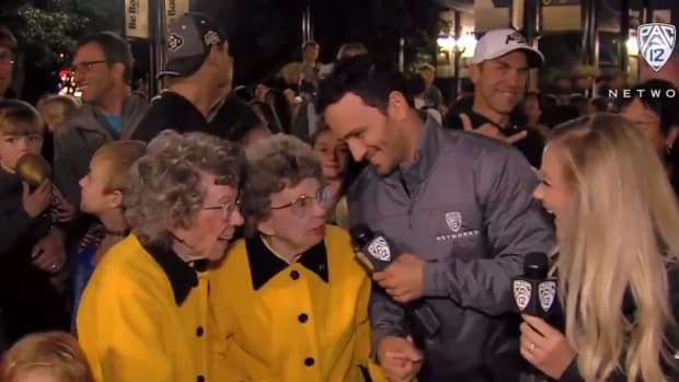 Betty Hoover and Peggy Coppom, the "CU Twins," on Pac-12 Network with Colorado football great Jeremy Bloom.