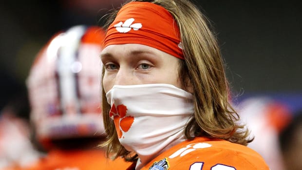 Trevor Lawrence wearing a mask on his face during the Sugar Bowl.