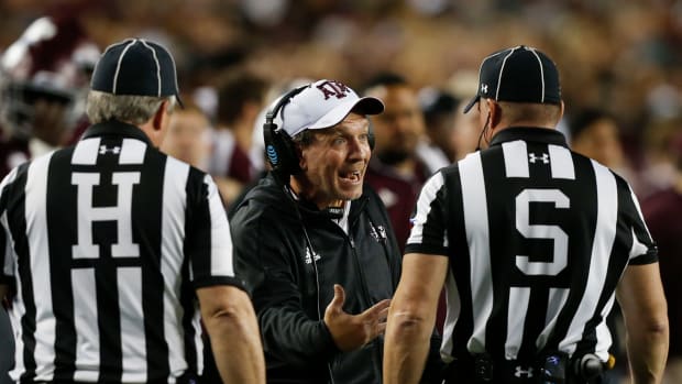 Jimbo Fisher pleading with referees.