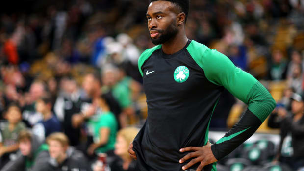 Jaylen Brown looks on as a member of the Boston Celtics.