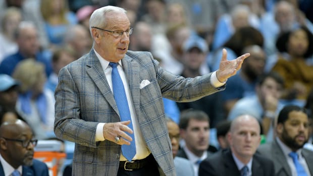 A general photo of North Carolina basketball coach Roy Williams during a UNC game.