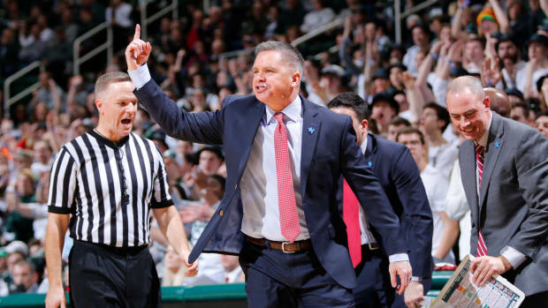 A closeup of a fired up Chris Holtmann during an Ohio State basketball game.
