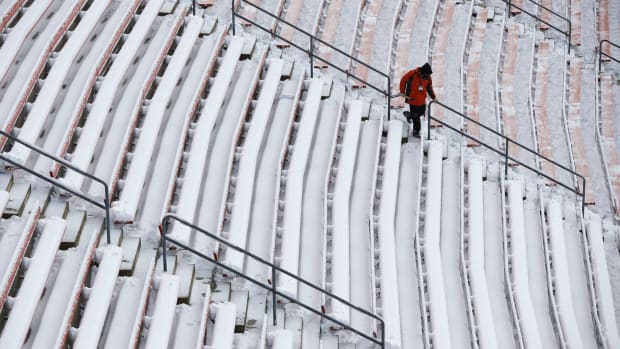 Snow in the Cleveland Browns stadium.