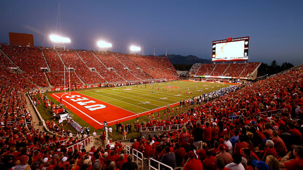 A general view of Utah's football stadium during a night game.