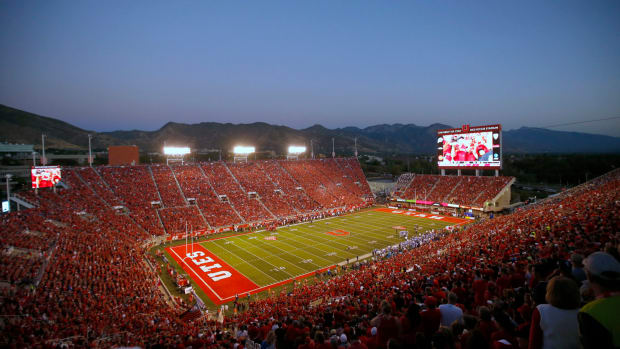 A general view of Utah's football stadium during a night game.